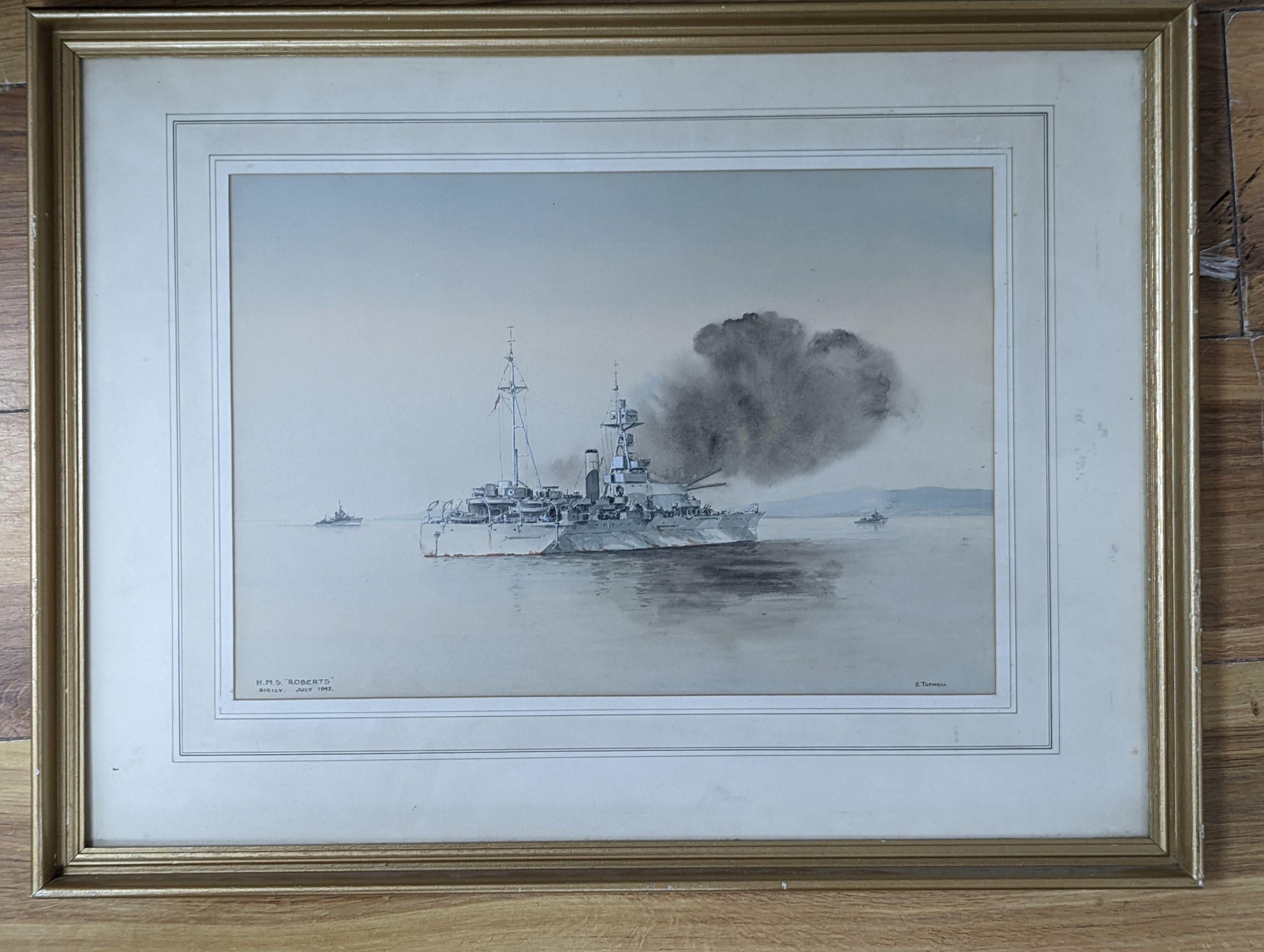 Eric Tuffnell (1888-1978), watercolour, 'HMS Roberts, Sicily July 1942', signed, 25 x 37cm